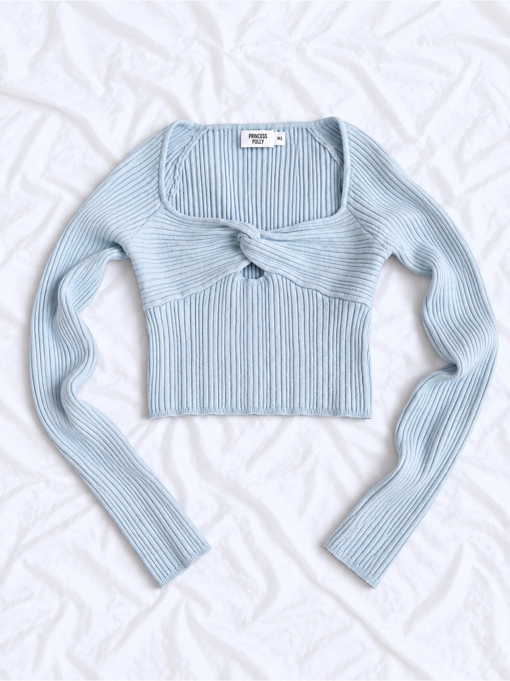 Princess Polly Pastel Blue Ribbed Twist-Front Long Sleeve Crop Top